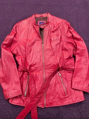 Women's Red Leather Belted Jacket